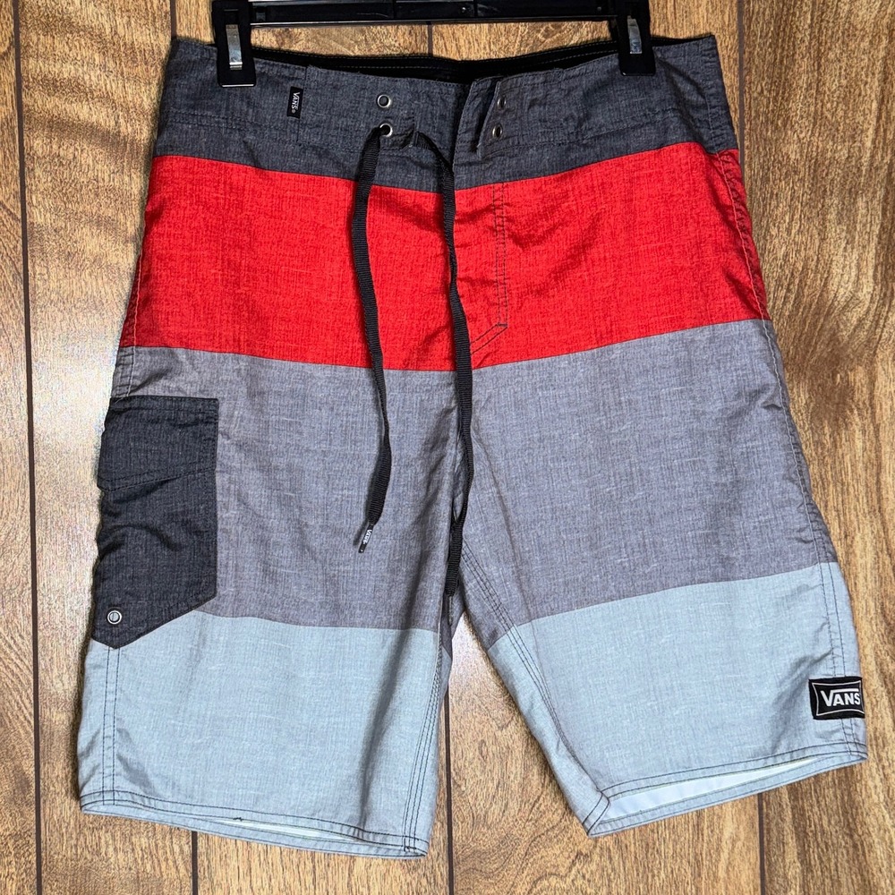 Vans Off The Wall Mens Board Shorts Colorblock Red Gray Blue Size 30 Pool Beach